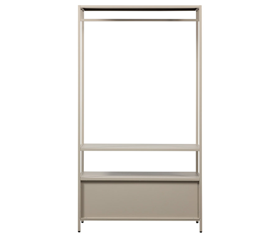 Beiges Metallregal mit Kleiderstange, zwei Regalböden und einem Schubladenelement.