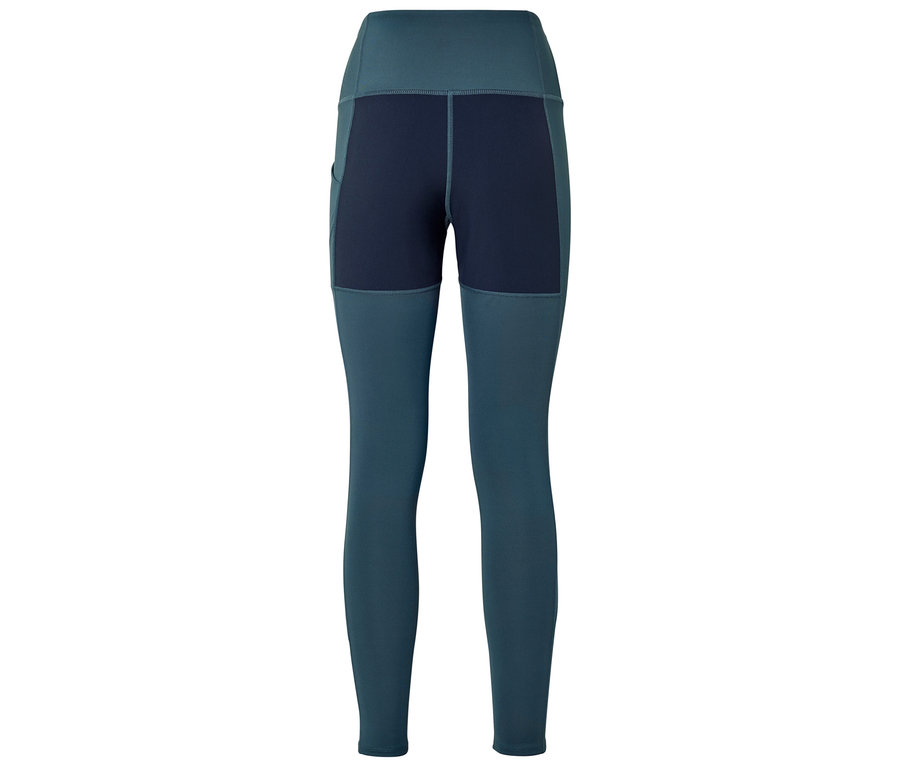Dunkelblaue und petrolfarbene Leggings mit hoher Taille und Seitentaschen.