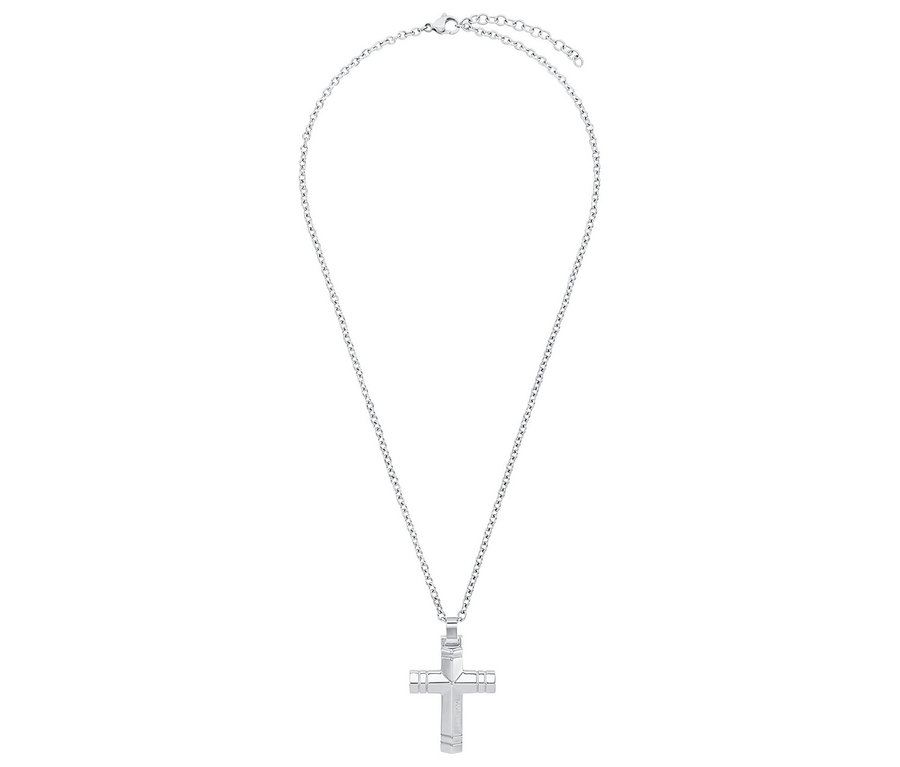 Nahaufnahme einer silbernen Halskette mit einem Kreuzanhänger, ein Amor Unisex-Halsschmuck mit Kreuz-Anhänger.