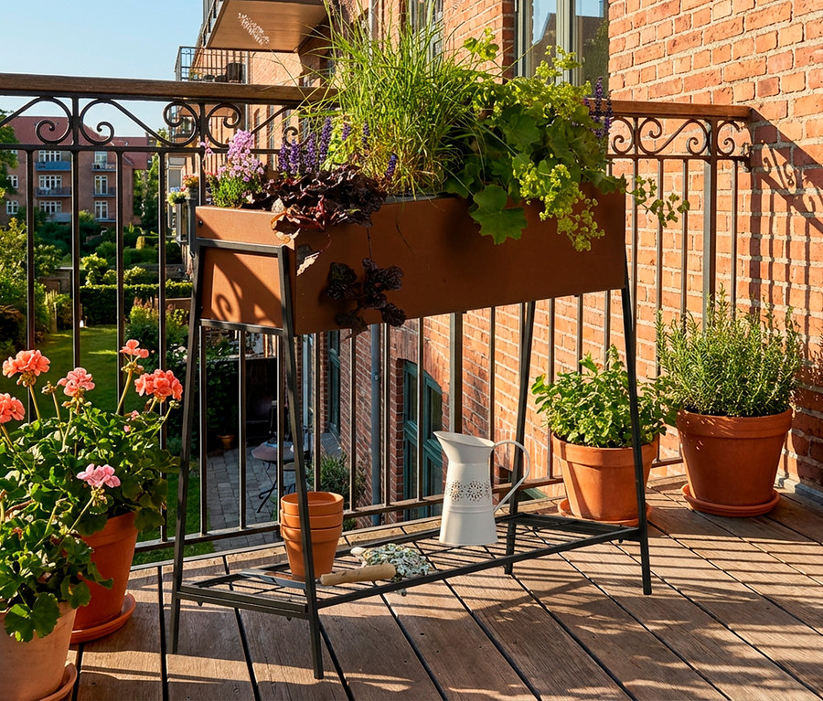 Auf einem Balkon steht ein edelrostfarbenes Hochbeet mit Ablage, bepflanzt mit verschiedenen Pflanzen.