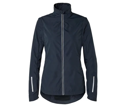 Marineblaue Jacke mit durchgehendem Reißverschluss und reflektierenden Details.