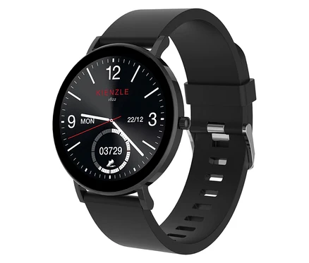 Nahaufnahme der schwarzen Kienzle »Active Smart Slim« Uhr mit Ziffernblatt, das die Zeit und andere Daten anzeigt.