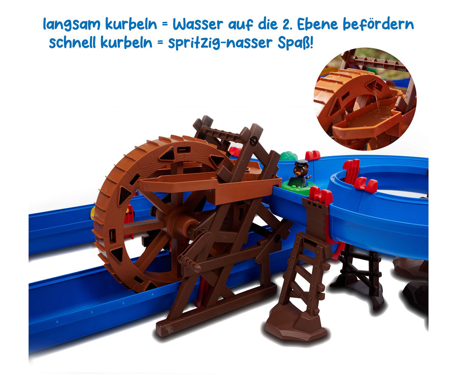 AquaPlay Wasserbahn »WaterWheel« mit Wasserrad, blauer Bahn und Spielfigur. Nahaufnahme.