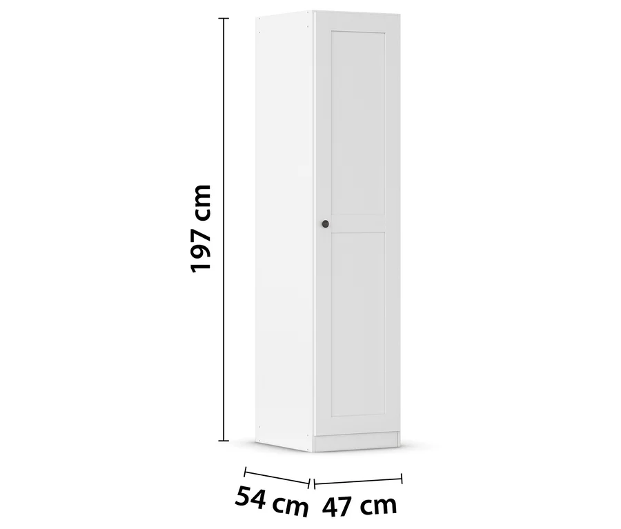Weißer, schmaler Schrank mit einer Tür, Maße 197 cm hoch, 54 cm breit und 47 cm tief.