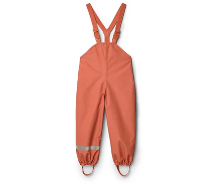 Orangefarbene Matschhose mit verstellbaren Trägern und reflektierenden Streifen an den Beinenden.