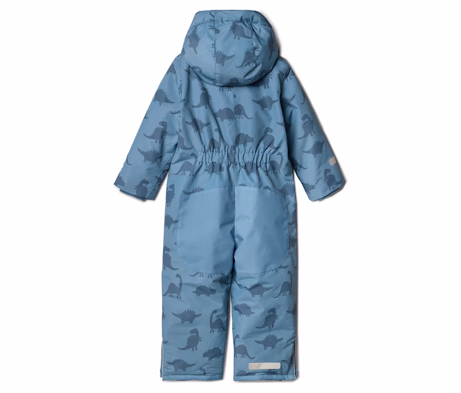 Blauer Schneeanzug mit Kapuze und Dinosaurier-Muster, von hinten gesehen.