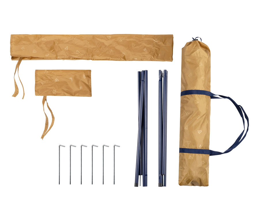 Tambu »CHADA« Tarp/Sonnensegel in einer Tasche, Zeltstangen und Heringe liegen auf einem weißen Hintergrund.