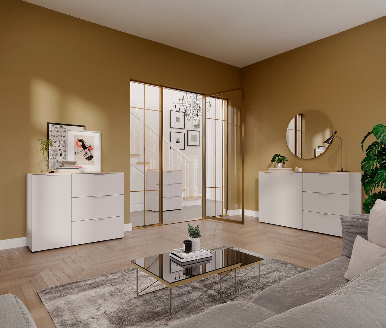 Wohnzimmer mit Kommode »Savoca« in Kaschmir/Eiche links und Sideboard »Savoca« in Kaschmir/Eiche rechts.