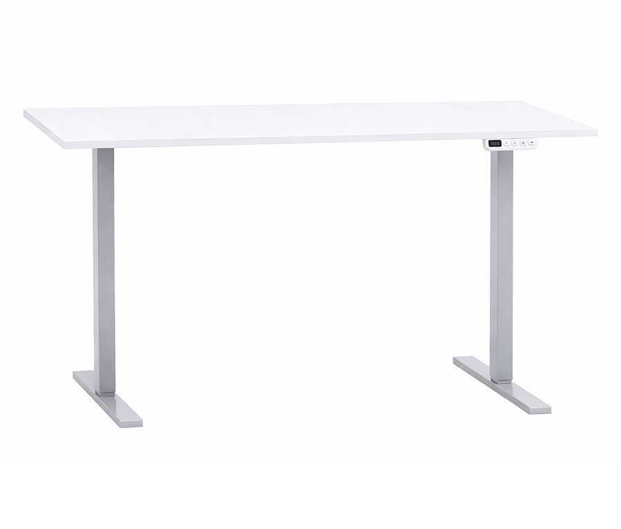 Weißer Schreibtisch mit silberfarbenem Gestell und Bedienfeld an der Seite.