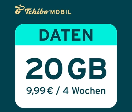Auf dunkelgrünem Grund steht in Weiß und Türkis der Schriftzug DATEN 20 GB, 9,99€ / 4 Wochen. Oben links das Logo von Tchibo Mobil.