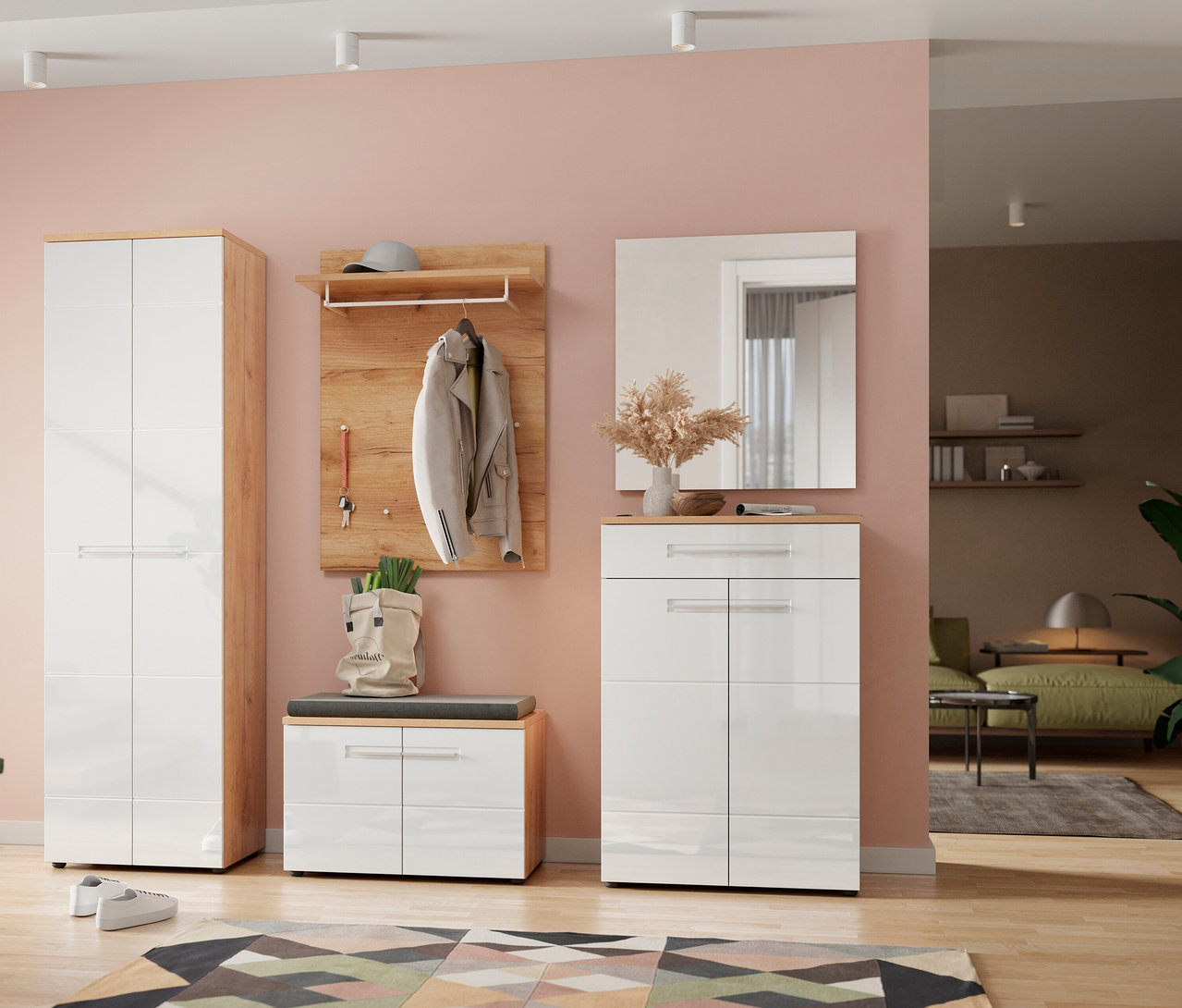Flur mit Schuhbank »Aledo«, Garderobe, Spiegel und Schrank vor rosa Wand. Auf dem Boden liegt ein Teppich.