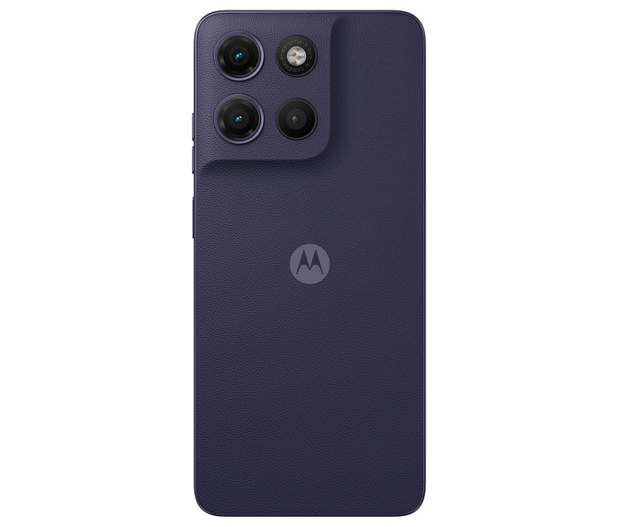 Rückseite eines Motorola moto g17 LTE 128GB in Evening Blue mit drei Kameralinsen und Motorola-Logo.