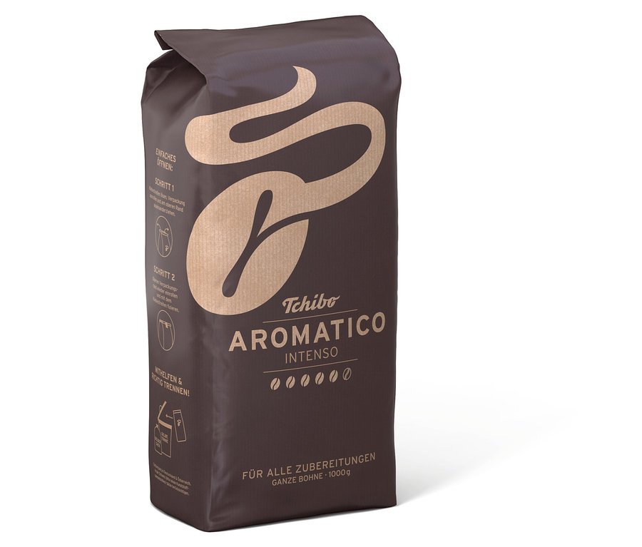 Eine braune Packung Aromatico Intenso - 1 kg Ganze Bohne Kaffee steht aufrecht.