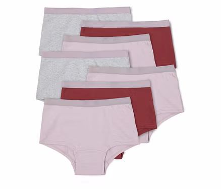 Sechs Baumwollslips in Grau, Rosa und Burgunderrot liegen übereinander, alle mit einem grauen Bund.
