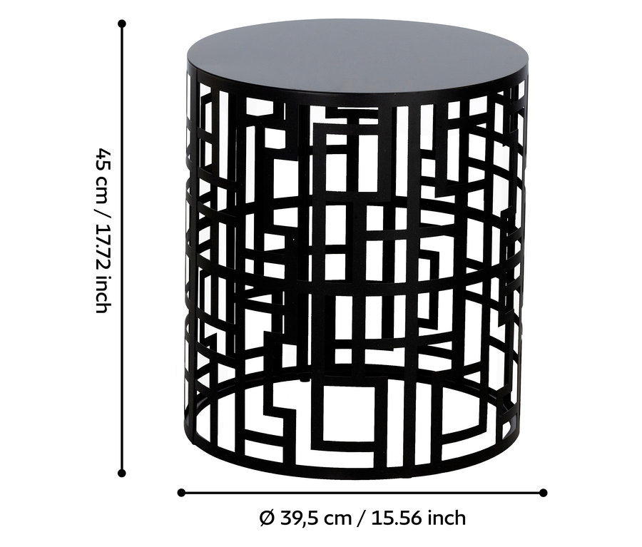 Schwarzer Beistelltisch mit geometrischem Ausschnittmuster und runder Tischplatte.