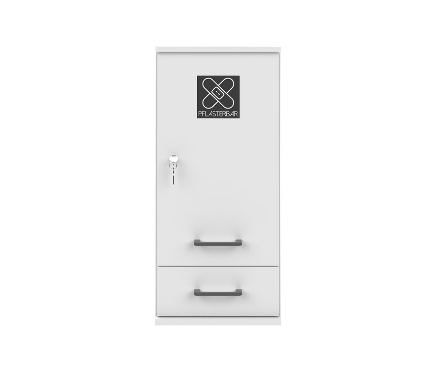 Matter weißer Medizinschrank »Galeno« mit einer Tür, Schlüssel und zwei Schubladen, oben mit „PFLASTERBÄR“-Logo.