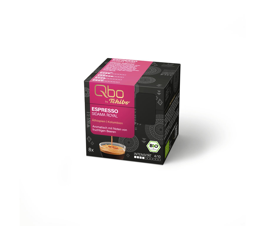Schwarze Qbo Espresso SIDAMA ROYAL Kapselpackung mit pinkem Etikett, das eine Tasse Espresso und den Text „8 Kapseln“ zeigt.