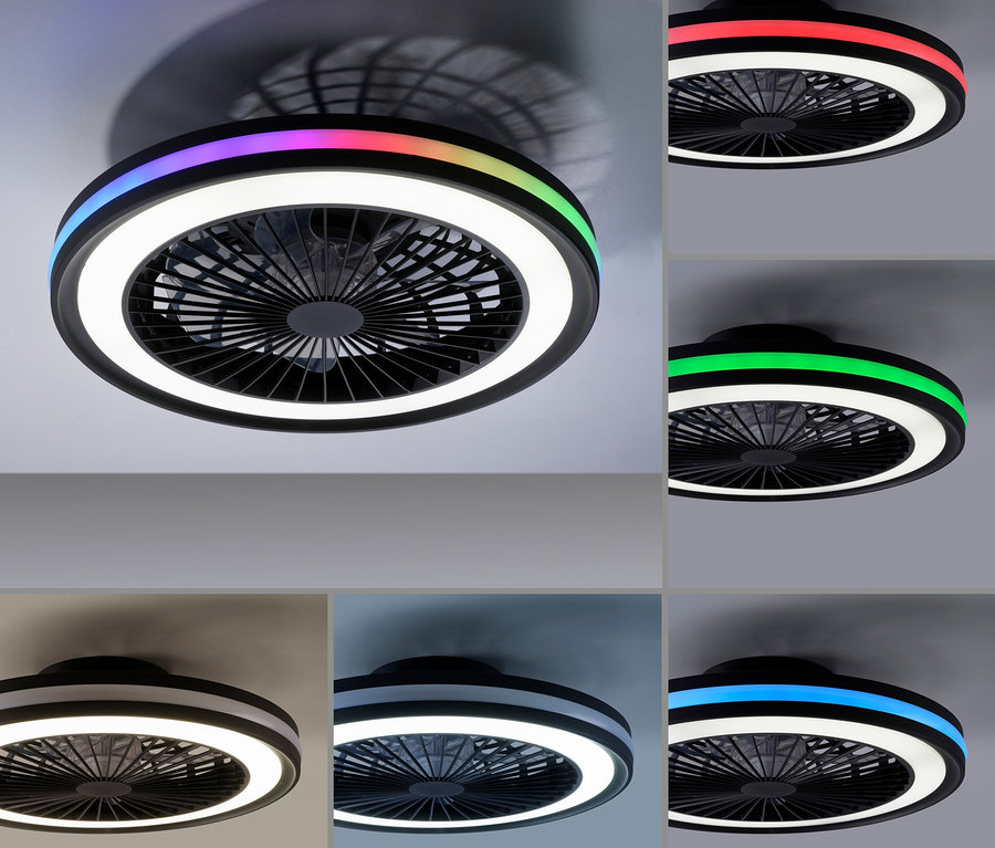 Collage: Schwarzer runder Deckenventilator mit integrierter LED-Beleuchtung. Der Ventilator hat einen oberen RGB-Lichtstreifen in Regenbogen-, Rot-, Grün- und Blautönen sowie einen unteren weißen LED-Ring mit warmen und kühlen Lichtoptionen.
