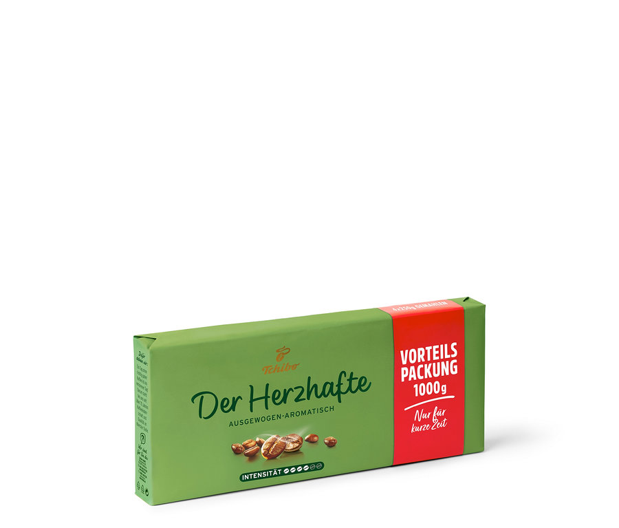 Eine Packung Der Herzhafte - 1 kg gemahlener Kaffee.