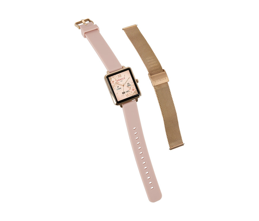 Kienzle Uhr »Smart Slim«, roségoldfarben, mit hellrosa Silikonarmband und einem zusätzlichen roségoldfarbenen Milanaise-Armband auf weißem Hintergrund.