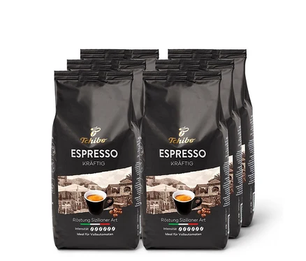 Mehrere schwarze Packungen Espresso Kräftig - 6x 1 kg Ganze Bohne.