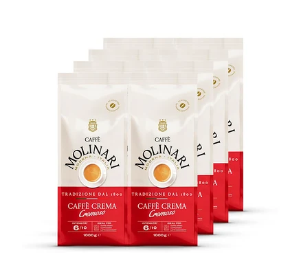 Fünf Packungen Caffè Molinari Caffè Crema Cremoso - 8x 1 kg Ganze Bohne.
