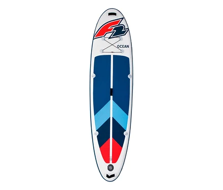 Weißes F2 SUP Board »Ocean ltd« mit blauen, hellblauen und roten geometrischen Mustern und schwarzem F2-Logo.