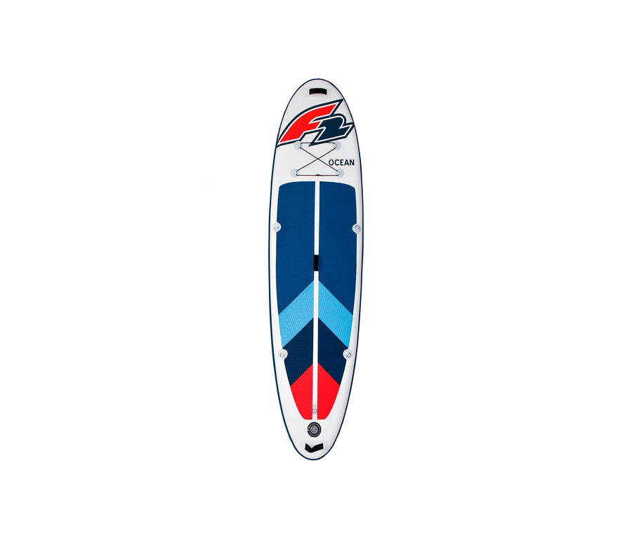 F2 SUP Board »Ocean ltd« in Weiß mit blauen und roten Akzenten und F2-Logo.