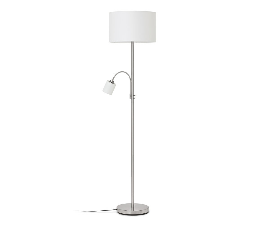 Eine silberfarbene Stehlampe mit einem großen weißen zylindrischen Schirm und einer kleineren, verstellbaren Leselampe mit weißem Schirm, auf einem runden Fuß.