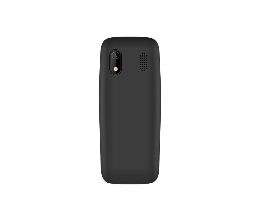 Detailansicht der Rückseite eines schwarzen Mobiltelefons vom Typ Bea-fon C80 LTE in Schwarz.