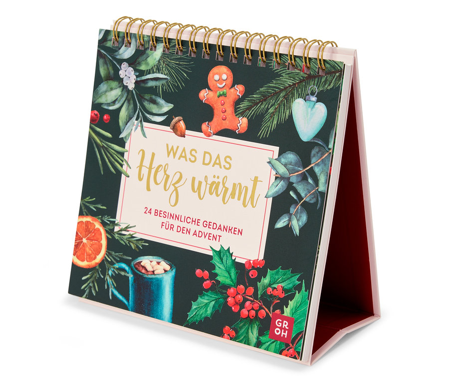 Ansicht eines Tischkalenders mit weihnachtlichen Motiven, darunter ein Lebkuchenmann und eine Tasse mit einem Heissgetränk.