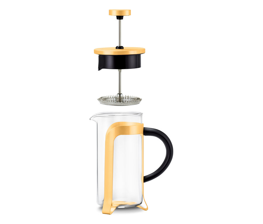 Eine auseinandergebaute, durchsichtige Kaffeepresse mit gelbem Rahmen und schwarzem Griff ist vor einem weißen Hintergrund zu sehen.