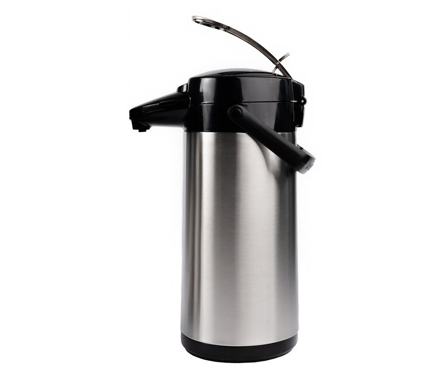 Eine silberne Pumpthermoskanne »Bonamat«, 2,2 l mit schwarzen Plastikdetails.