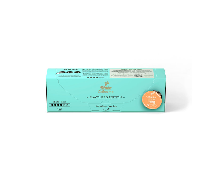 Eine Packung Cafissimo Flavoured Espresso - Buttertoffee mit 10 Kapseln ist zu sehen, daneben eine einzelne Kapsel.