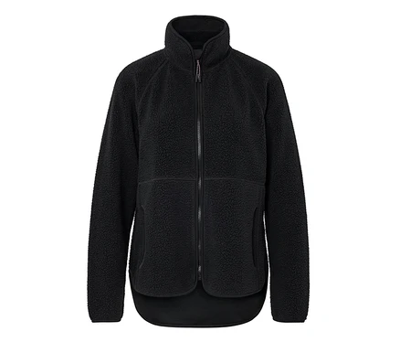 Schwarze Teddyjacke mit durchgehendem Reißverschluss.