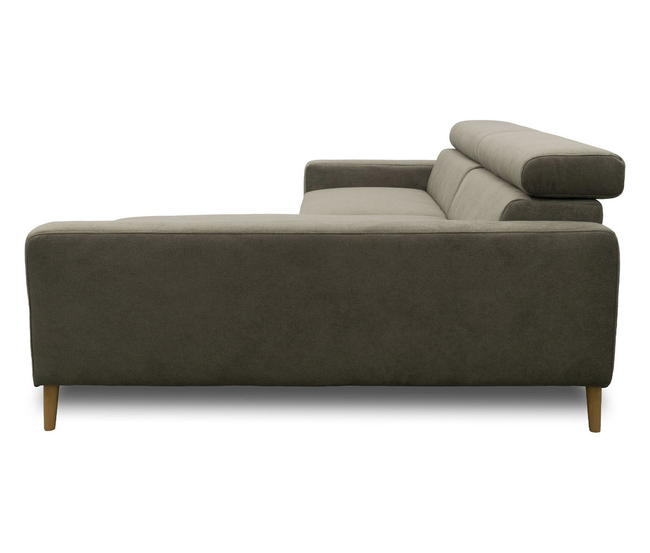 DOMO Sofa Malmö, Longchair rechts, in Grau mit Kopfteilverstellung und Holzfüßen.