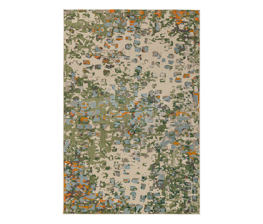 Rechteckiger benuta Teppich Casa Multicolor, ca. 160 x 230 cm, mit abstraktem Muster aus grünen, blauen und orangen Flecken auf beigem Grund.
