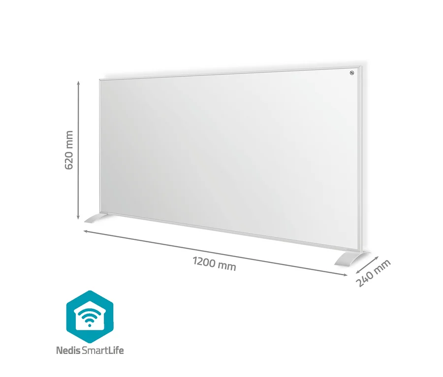 Weißer rechteckiger Heizkörper mit Standfüßen, 620 mm hoch, 1200 mm breit und 240 mm tief. Unten links das Nedis SmartLife Logo.