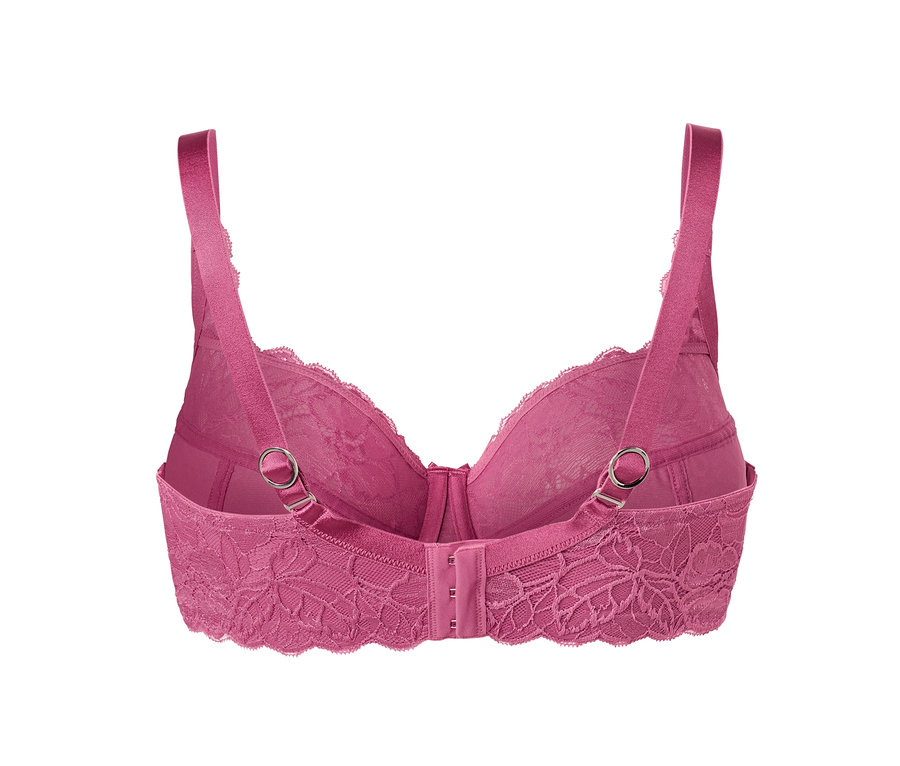 Detailansicht von hinten eines pinkfarbenen Bügel-BHs mit Spitze.