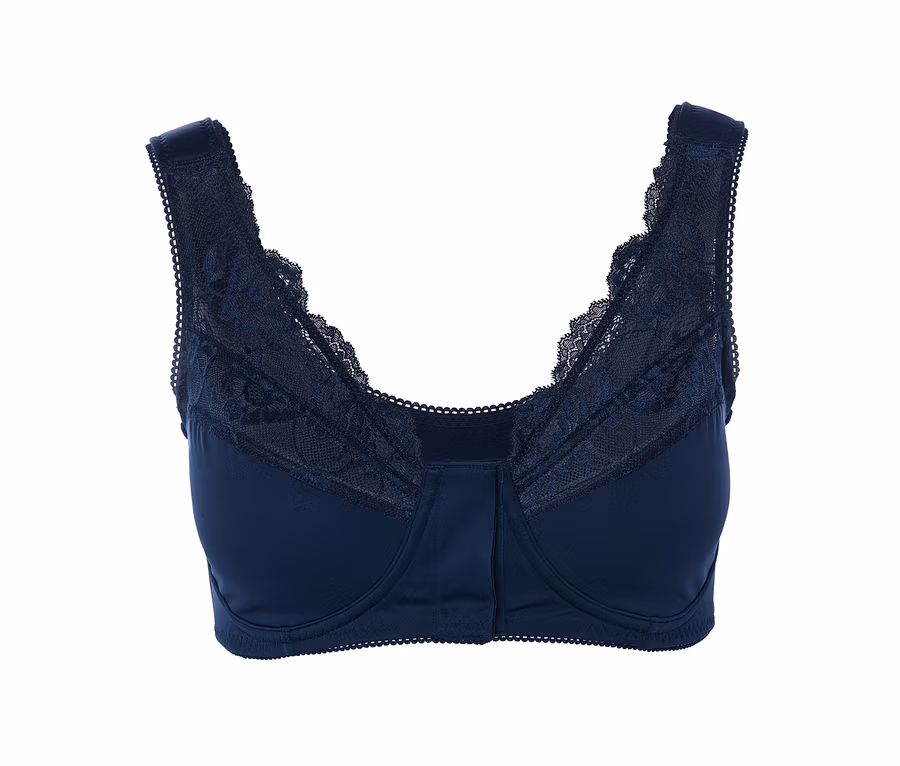 Detailansicht eines marineblauen Entlastungs-BHs mit Spitze.