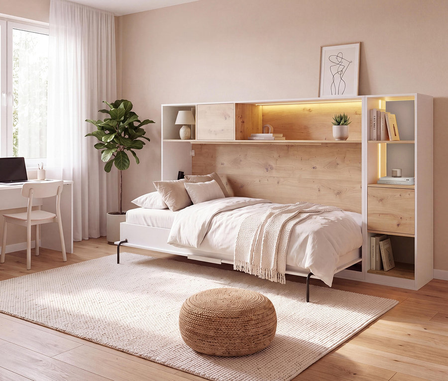 Modernes Schlafzimmer mit einem heruntergeklappten weißen und holzfarbenen Roba Wandklappbett »Verso«, 90 x 200. Links stehen ein weißer Schreibtisch mit Laptop am Fenster und eine große Pflanze. Im Vordergrund liegt ein heller Teppich mit einem runden Pouf.