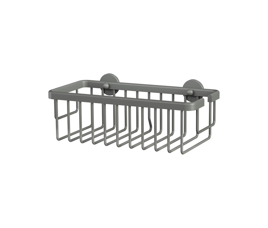 Ein grauer, rechteckiger tesa® MOON Duschkorb aus Metallstäben mit zwei runden Befestigungspunkten.