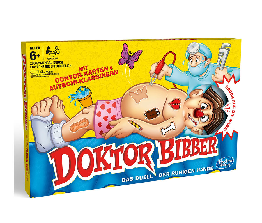 Gelbe Schachtel des Brettspiels Hasbro »Dr. Bibber«, mit einer Abbildung eines Patienten mit einem Arzt, der ihn operiert.