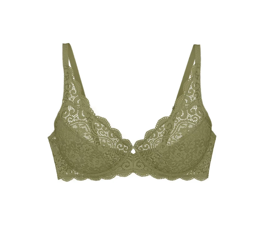Triumph Amourette W BH in Olivgold aus Spitze mit gewelltem Rand und dünnen Trägern.