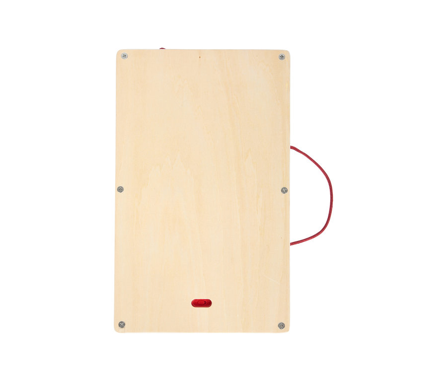 Draufsicht auf die small foot LCD Schreibtafel »Educate« aus Holz mit roter Schlaufe und Knopf.