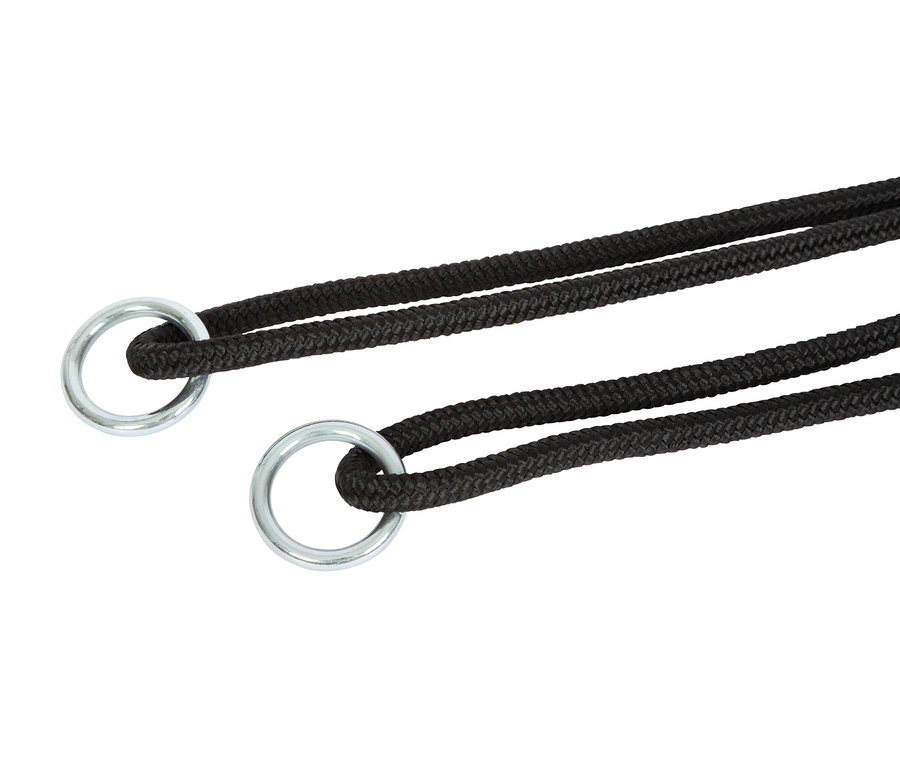 Zwei schwarze Seile, die durch zwei silberne Metallringe gefädelt sind und sich diagonal erstrecken.