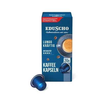 Blauer Karton Eduscho Lungo Kräftig Kaffee Kapseln, kompatibel mit Nespresso, mit einer einzelnen blauen Kapsel davor.