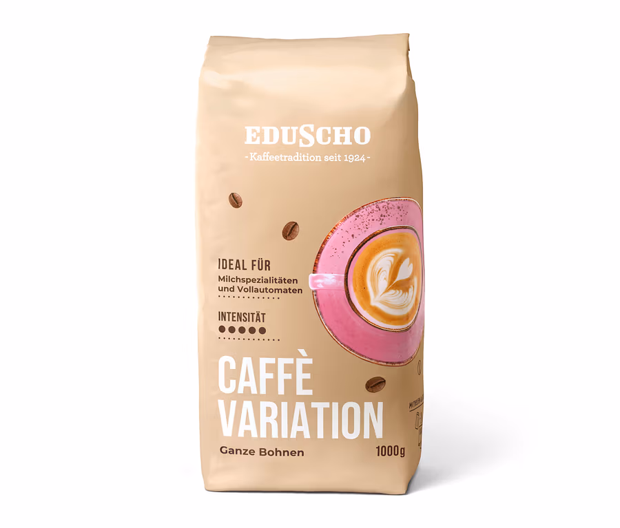 Beige Eduscho Caffè Variation Kaffeepackung mit 1 kg ganzen Bohnen, ideal für Milchspezialitäten, Kaffeebohnen und pinker Tasse mit Latte Art.