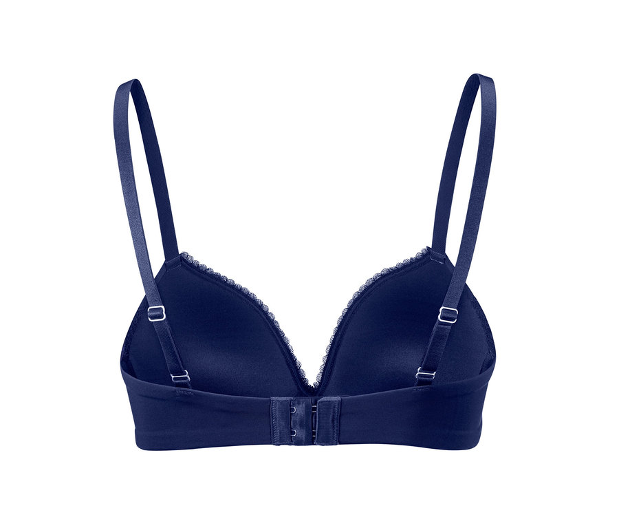 Detailansicht der Rückseite eines blauen Softschalen-BHs.