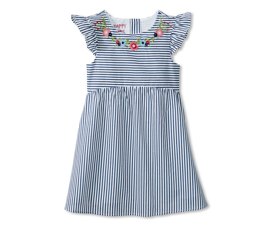 Blau-weiß gestreiftes Kleid mit Stickerei.